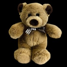 Gund Teddy Bear Brown Beige Brown Checked Bow Stuffed Toy Plush 7" Vintage 90s