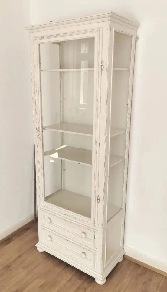 Alte Vitrine Schrank Glasvitrine Vintage Retro weiß schmal Shabby chic French  - Bild 3 von 4