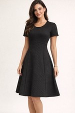 Textured Quilted Fit & Flare Dress Womens Sz L Black Midi Minimalist USA Made