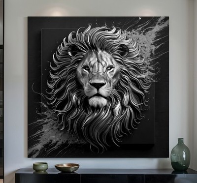XXL LEINWAND BILD ER BIS 140x140x5 LÖWE SCHWARZ GOLD-3D-OPTIK WANDBILD TIERE S/W