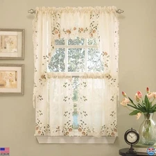 Sweet Home Collection 36" Rosemary Linen Tier Valance Set - Kitchen Curtains