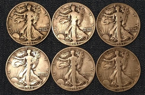 Walking Liberty silver half dollars lot: 1941S, 1942D, 1943, 1944S, 1945D, 1946S