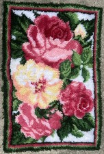 Vintage 1970s FLORAL ROSES Latch Hook Wall Hanging Rug 27  x 40  . Cottage Core