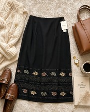 NWT Sag Harbor Black Embroidered Midi Skirt Womens 8 Modest Office Cottagecore