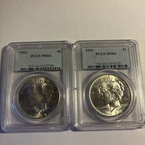 (2) Two 1922 and 1923 Peace Silver Dollars $1 PCGS MS64