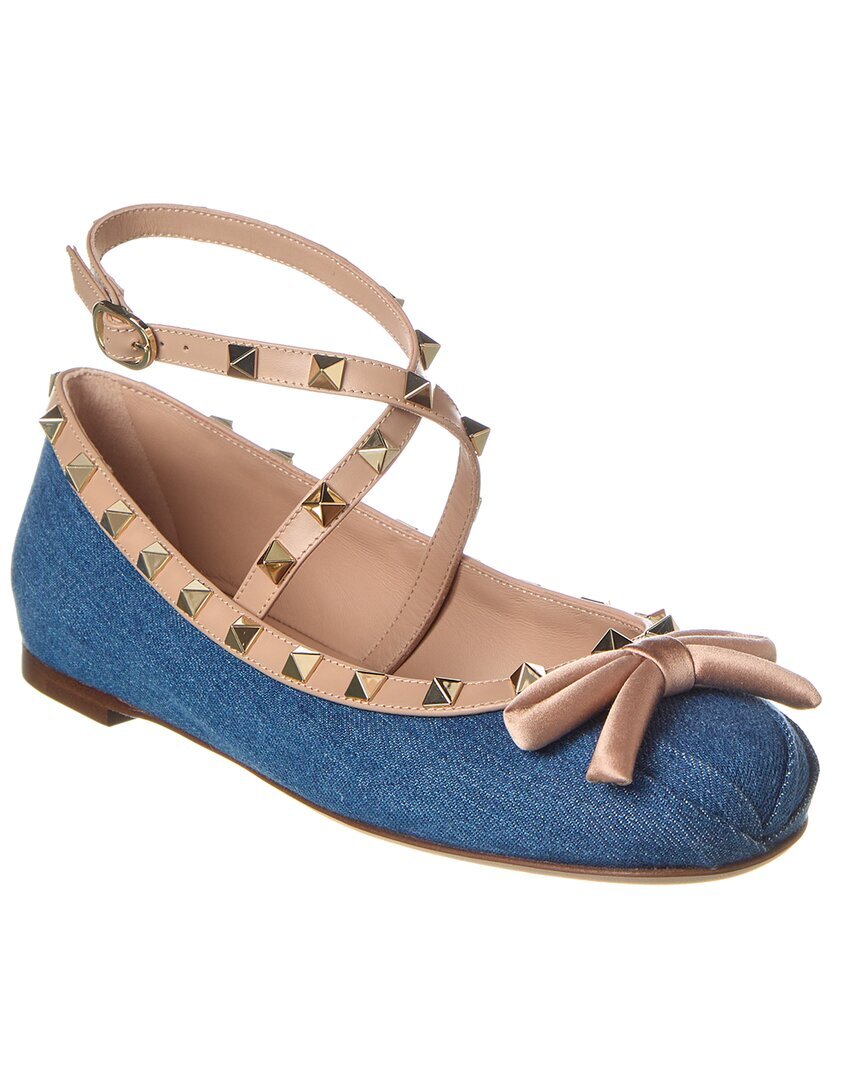 Valentino Rockstud Джинсовая и кожаная балетка на плоской подошве женская синяя 38