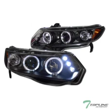 Topline For 2006-2011 Honda Civic Coupe LED Halo Projector Headlight Amber - Blk