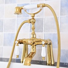 Luxury Gold Brass Bathtub Mixer Tap Deck Mounted Clawfoot Tub Faucet Hand Shower