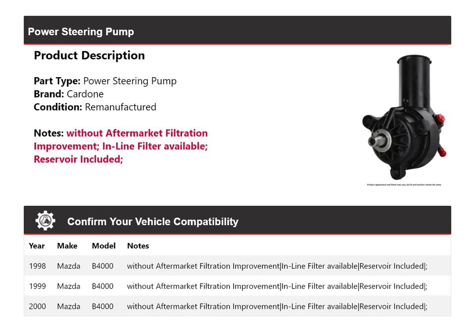 Bomba de dirección asistida Cardone 1999 para Mazda B4000 1998-2000 Foto 2 de 4