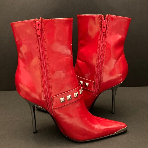 NIB Pleaser Heat Booties Stiletto Heel Lace Up Red Faux Patent Womens 7 Side Zip - Picture 9 of 11