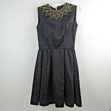 Little Black Dress XS Sleeveless Pleated Fit To Flare Jeweled Bling Knee Vintg