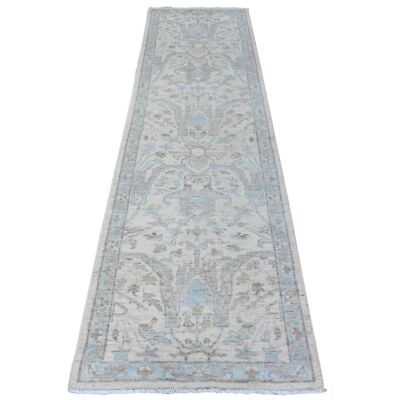 2'8''x9'6'' White Stone Wash Peshawar Hand Knotted Organic Wool Runner Rug R88360