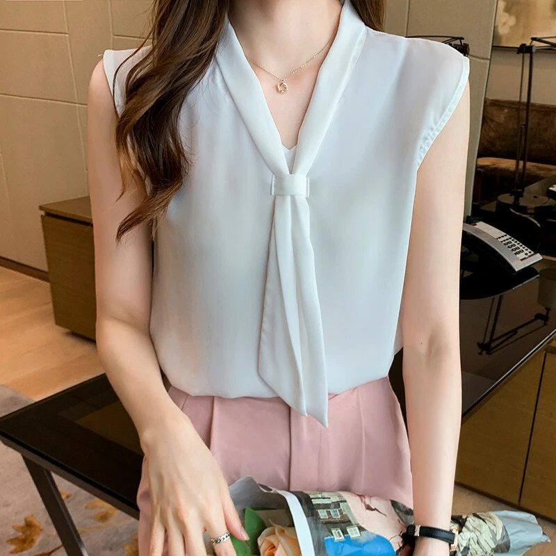 Women Summer Sleeveless Tie Neck Solid Chiffon Casual Work Tank