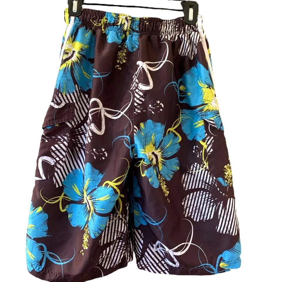 OP Ocean Pacific Swim Trunks Youth XL 14-16 Brown Blue Yellow Hibiscus pockets - Image 2 of 4