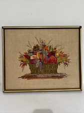 VTG Large 100 Linen Unframed Needlepoint Fruit In Basket Bright Colors Beauty  