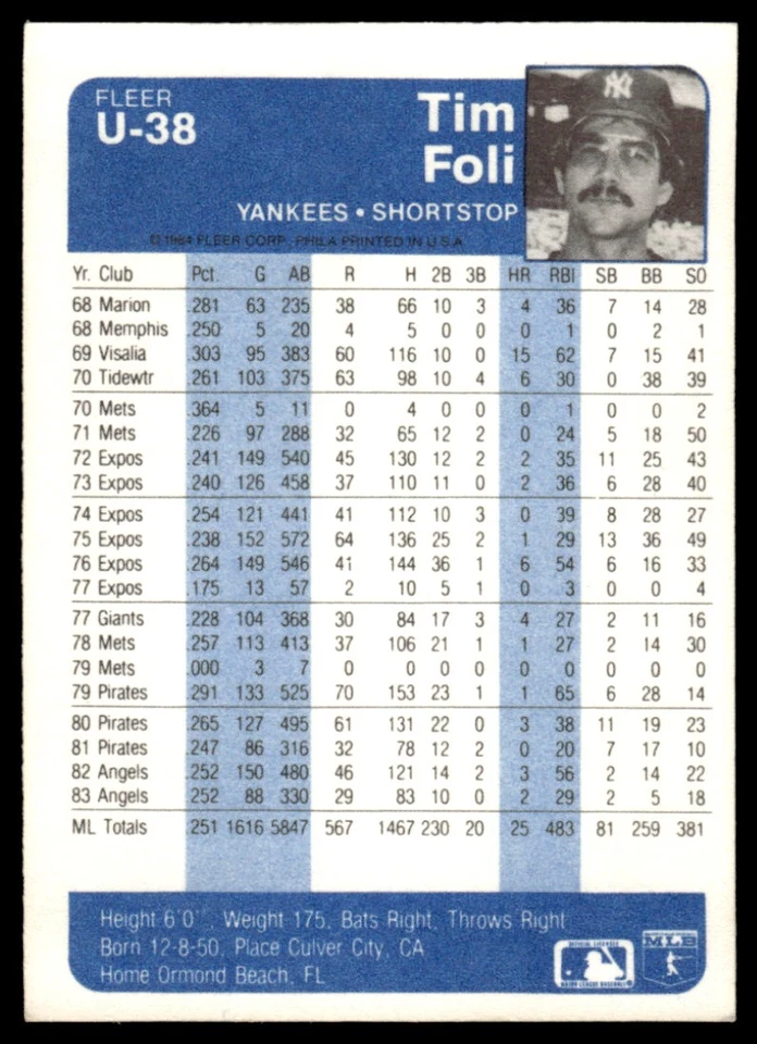 1984 Fleer Update Tim Foli Baseball Card New York Yankees #U-38 - Image 2 of 2