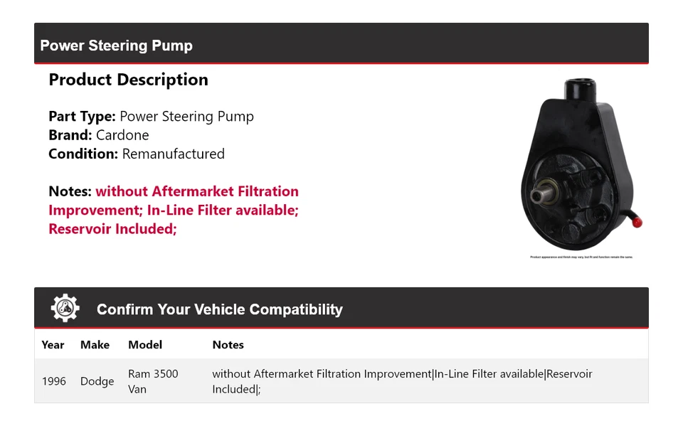 Bomba de dirección asistida Cardone para Dodge Ram 3500 1996 furgoneta Foto 2 de 4