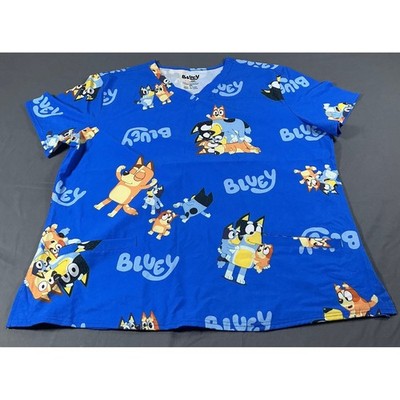Bluey Character Print VNeck Scrub Top Royal Blue 2XL Medical Uniform 1FP106AWNWT