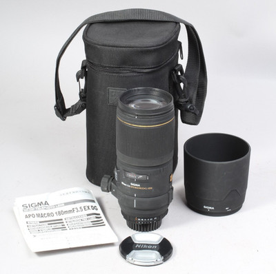 SIGMA 180MM F/3.5 APO MACRO DG HSM NIKON AF HOOD CAPS CASE MANUAL WORKS TESTED