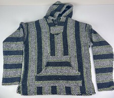 Baja Joe Hoodie Drug Rug Poncho Men  s Medium Black Gray Green Mexican Pullover