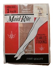 Vintage Maid-Rite Micro Sheer Seamless Nylon Garter Stockings Size 10 Beigetone