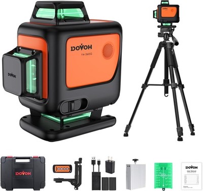 4D Laser Level 360 with Tripod, 2Pcs Batteries, Green Beam, Self Leveling