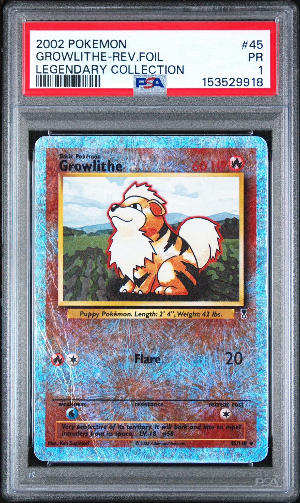 2002 POKEMON LEGENDARY COLLECTION #45 GROWLITHE-REVERSE FOIL PSA 1