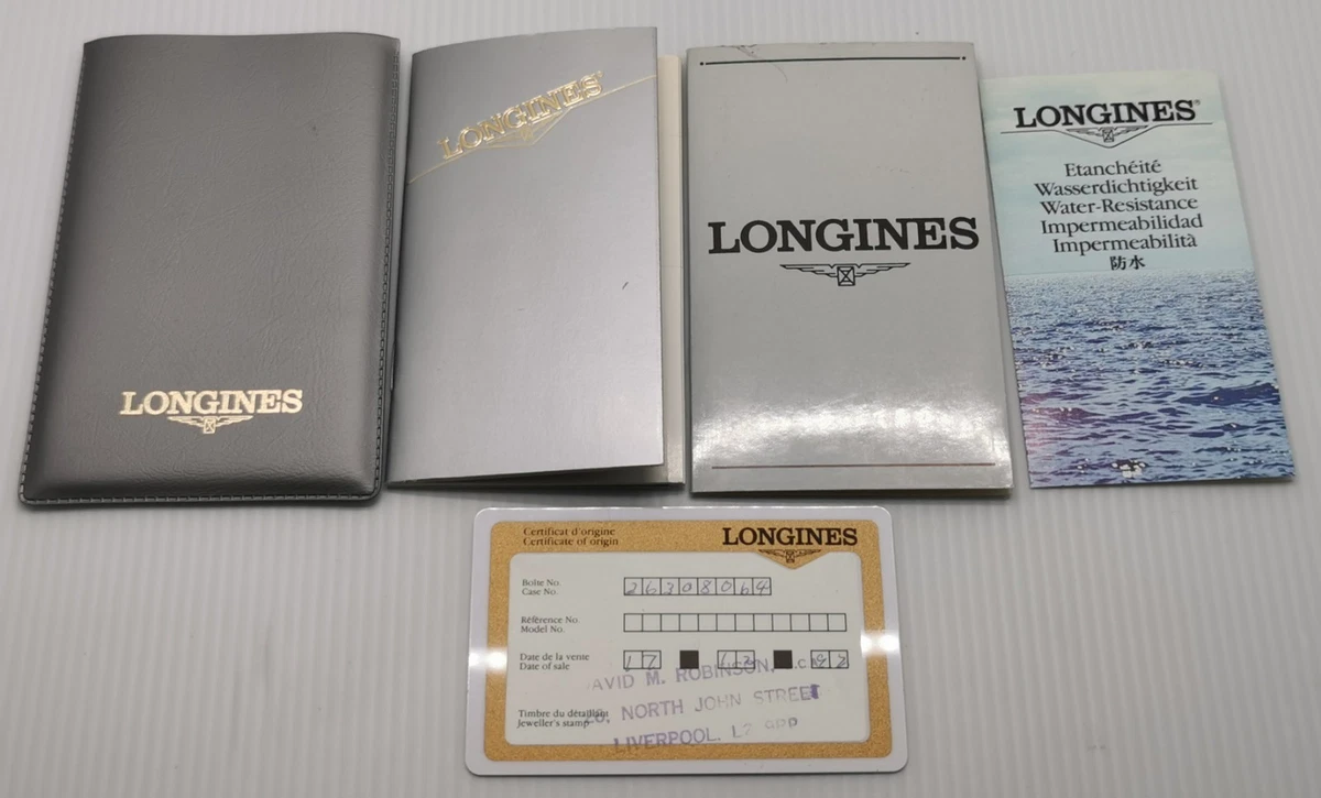 Tarjeta de garantía Longines 1992 de colección, folleto de instrucciones de servicio y funda