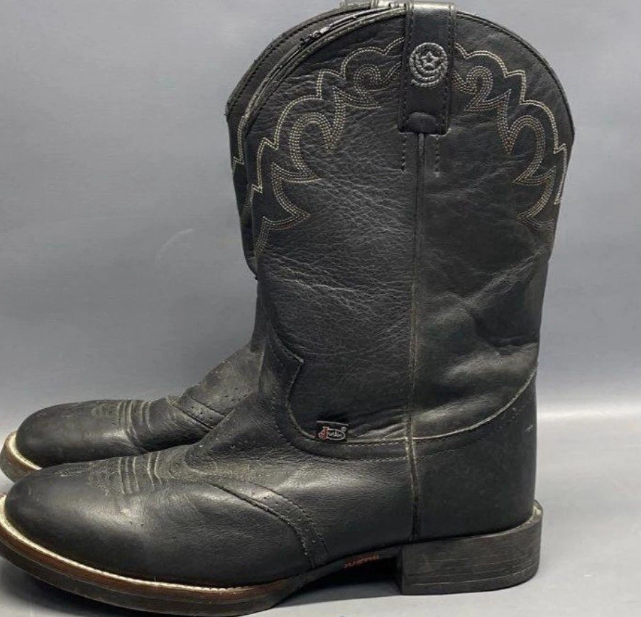 Justin Black Embroidered Upper Leather Western Style Round Toe Boots Size 8 - Image 3 of 4