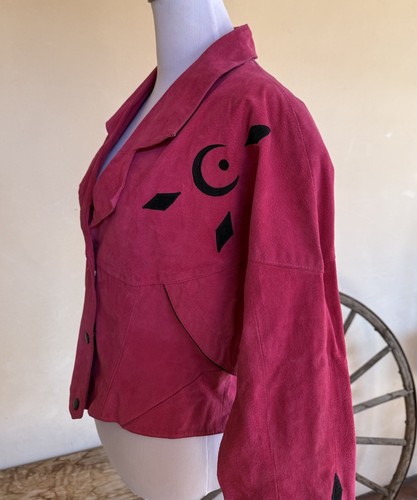 CHIA Cute Vtg 70-80s Bright Pink & Black Suede Leather Jacket Western Disco Sz L - Picture 10 of 16