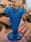 Vintage Blue Opalescent Hobnail Fenton Ruffled Rim Small Pedestal Vase