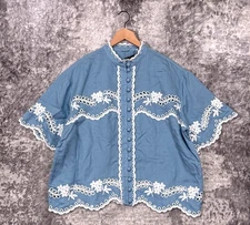 New Elie Tahari Top XL Womens Blue Linen Eyelet Scallop Floral Embroider Blouse