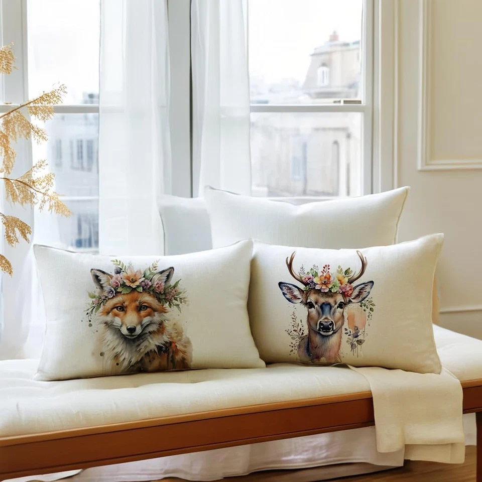 Animals Lumbar Throw Pillow Covers,12X20 Inch Floral Fox Watercolor Wildlife Cus - Image 4 of 4