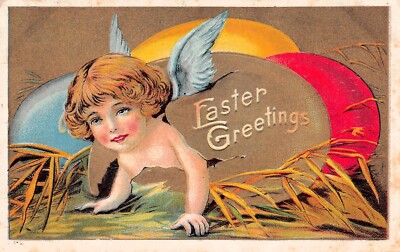 Antique Easter Card Cherub Angel Paschal Egg Hunt Victorian Gold Vtg Postcard D6