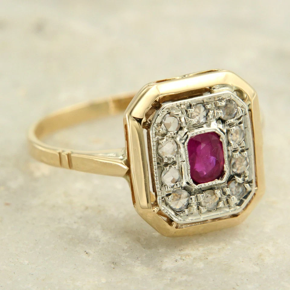 Bague en OR Jaune 14 Carats k RUBIS Naturelle et DIAMANT style Ancienne Femme - Photo 2/4