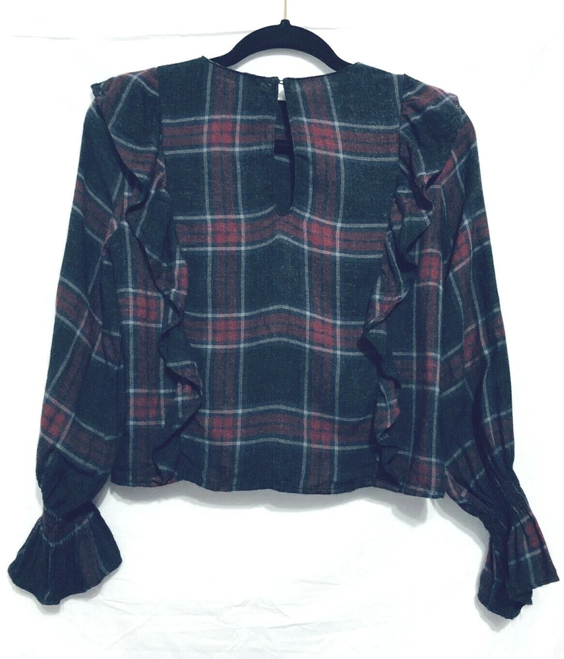 Zara Top Womens Size XS Gray Plaid Ruffle Long Sleeve Cropped Academia Boho - Image 4 of 4