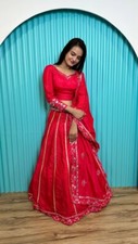 Beautiful Indian Party Wear Slub Silk Lehenga Choli And Dupatta For Women