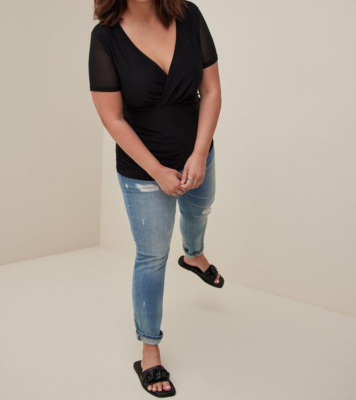 Torrid Stretch Mesh Surplice Neckline Shirred Top Black 6 6X 30 Torrid Stretch Mesh Surplice Neckline Shirred Top Black 6 6X 30