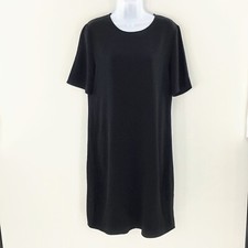 Eileen Fisher Black Crepe Dress Scoop Neck Short Sleeve Midi Keyhole Back Sz XS