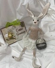 Primitive style Easter bunny rabbit girl in skirt silver metal basket and sign