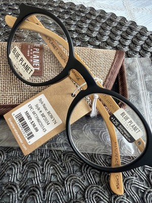 Blue Planet Rowyn +1.25 Reading Glasses Black Wooden Temples Flex NWT