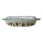 Vintage Pyrex Early American Divided Casserole Dish w Lid Brown Colonial Pattern