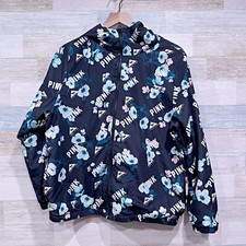 PINK Victorias Secret Floral Windbreaker Jacket Black Hooded Full Zip Womens XS