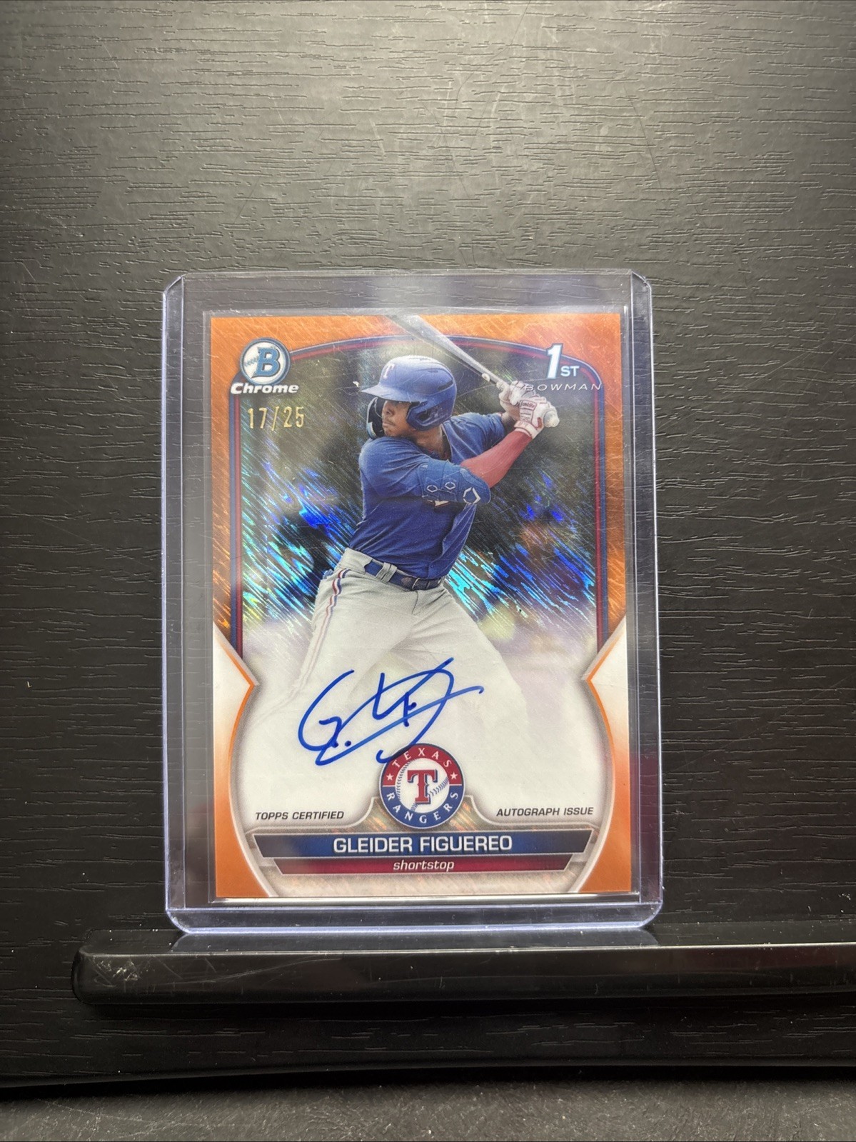 2023 Bowman 1st Chrome Gleider Figuereo Auto /25 Orange Shimmer Rangers