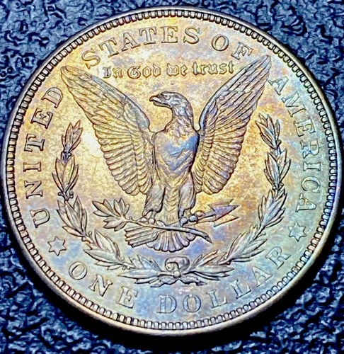D101 💎 1921 Morgan Silver Dollar $1 AU+ Natural Toned Rainbow REV GOLD OBV