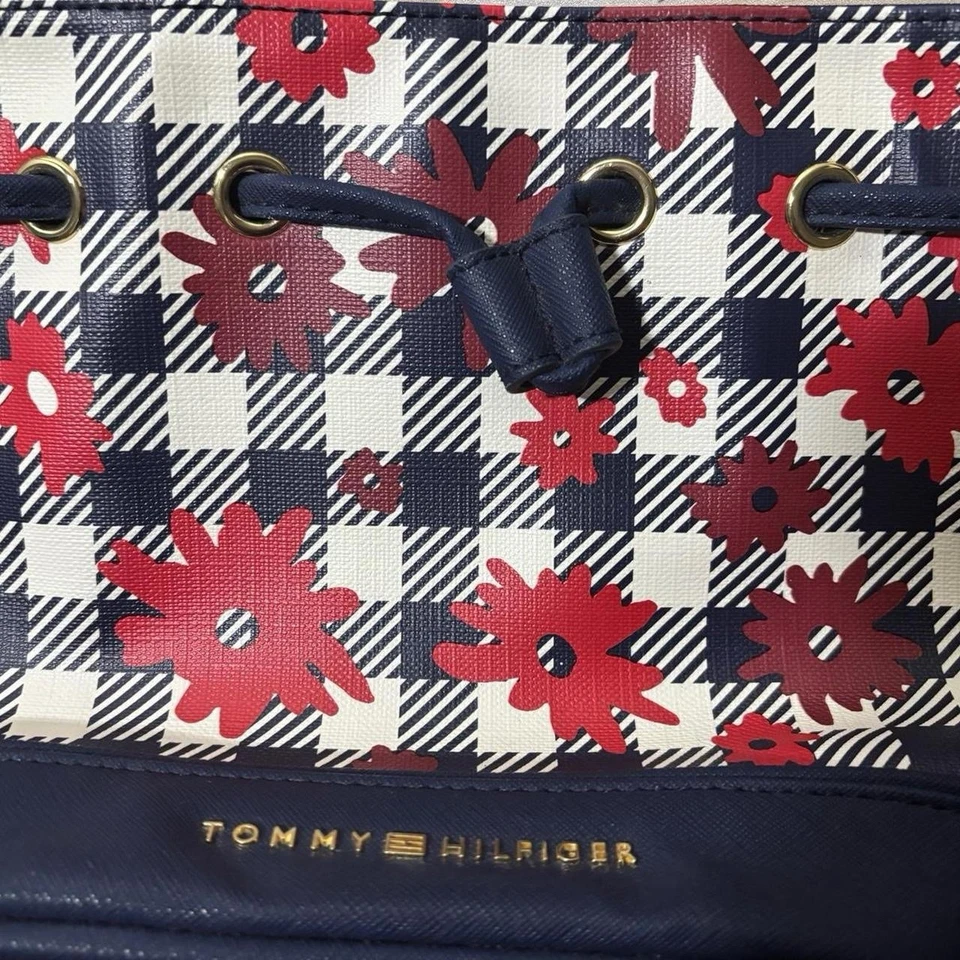 Tommy Hilfiger Plaid Floral Crossbody Bucket Bag – Red & Navy Drawstring Purse - Image 3 of 4