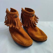 Minnetonka Fringe Moccasin Suede Ankle Boots Brown 293 Braided Festival Boho 7