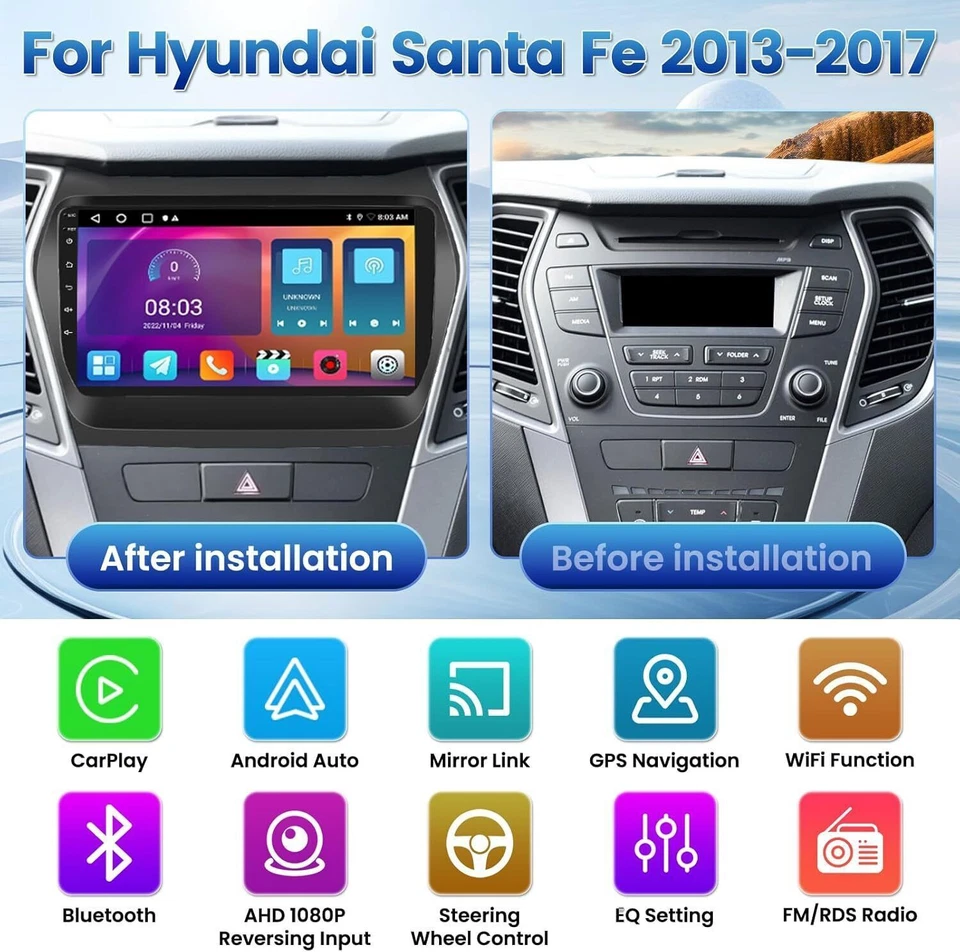 2GB+32GB Android12 For Car Stereo CarPlay GPS Hyundai IX45 Santa Fe 2013-2017 Foto 3 de 4