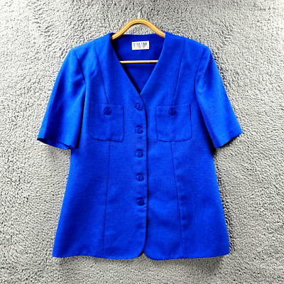 Vintage Dolina Womens Jacket Size 12 Blue Short Sleeve V-Neck Button-Up