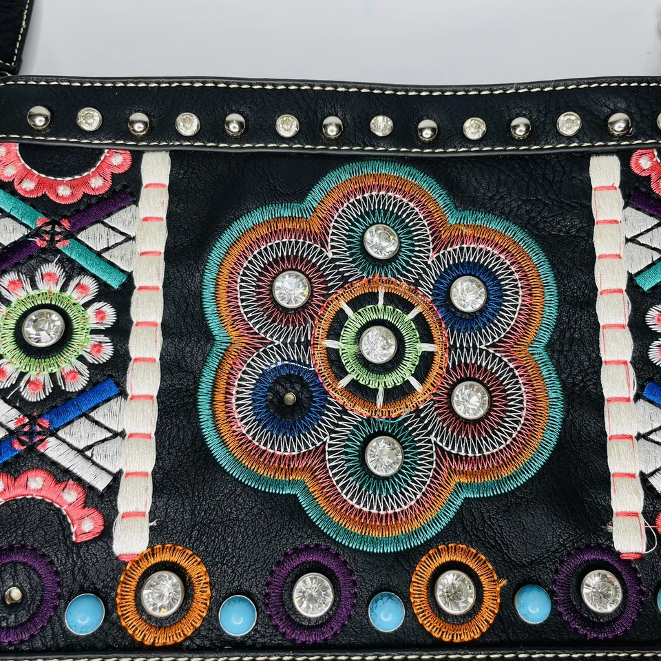 Bolso de Mano de Cuero Blazin Roxx Cartera Tachonado Estrás Bordado Floral  Foto 3 de 4